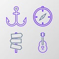 Set line Guitar, Road traffic signpost, Compass and Anchor icon. Vector