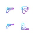 Set line Gun magazine and bullets, Revolver gun, Pistol or and holster. Gradient color icons. Vector