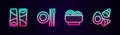 Set line Guotie, Food chopsticks with plate, Asian noodles in bowl and Chicken egg vegerables. Glowing neon icon. Vector