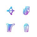 Set line Gyros Pita Greek, Harp, Medieval bow with arrow and Ancient chariot. Gradient color icons. Vector