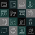 Set line Hacker or coder, Coffee cup to go, Processor, Web development, Computer monitor screen, Software, Keyboard and Royalty Free Stock Photo