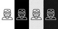 Set line Hacker or coder icon isolated on black and white, transparent background. Programmer developer working on code