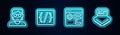 Set line Hacker or coder, Programming language syntax, Browser setting and Processor. Glowing neon icon. Vector
