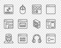 Set line Hacker or coder, Software, Browser files, Binary, Loading data window, Search engine, Headphones and icon Royalty Free Stock Photo