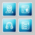 Set line Hacker or coder, Software, Headphones and Browser files icon. Vector