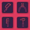 Set line Hacksaw, Calliper or caliper and scale, Pliers tool and Claw hammer. Blue square button. Vector