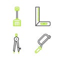 Set line Hacksaw, Drawing compass, Corner ruler and Snow shovel icon. Vector