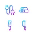 Set line Hacksaw, Paint brush, Electric plug and Industry metallic pipe. Gradient color icons. Vector