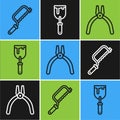 Set line Hacksaw, Pliers tool and Putty knife icon. Vector