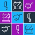 Set line Hacksaw, Shovel and Road barrier icon. Vector