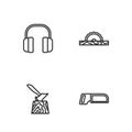 Set line Hacksaw, Wooden axe in stump, Headphones and Electric circular icon. Vector