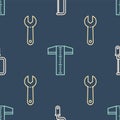 Set line Hacksaw, Wrench spanner and T-square line on seamless pattern. Vector