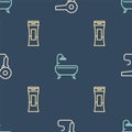 Set line Hair dryer, Bottle of shampoo and Bathtub on seamless pattern. Vector