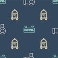 Set line Hair dryer, Suitcase and Signboard with text Hotel on seamless pattern. Vector