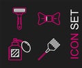 Set line Hairbrush, Aftershave, Bow tie and Shaving razor icon. Vector