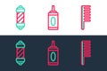 Set line Hairbrush, Classic Barber shop pole and Bottle of shampoo icon. Vector