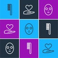 Set line Hairbrush, Facial cosmetic mask and Heart on hand icon. Vector