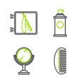 Set line Hairbrush, Hand mirror, Shaving gel foam and Barbershop with razor icon. Vector