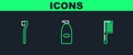 Set line Hairbrush, Toothbrush and Bottle of liquid antibacterial soap icon. Vector