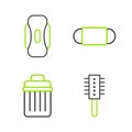 Set line Hairbrush, Trash can, Medical protective mask and Sanitary napkin icon. Vector