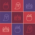 Set line Halloween witch cauldron, Castle and Ghost icon. Vector Royalty Free Stock Photo