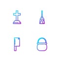 Set line Halloween witch cauldron, Meat chopper, Tombstone with cross and Witches broom. Gradient color icons. Vector Royalty Free Stock Photo