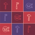 Set line Hammer, Blacksmith anvil tool and Fire poker icon. Vector