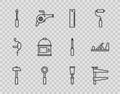 Set line Hammer, Clamp tool, Ruler, Wrench spanner, Screwdriver, Paint bucket, Putty knife and Wood plane icon. Vector Royalty Free Stock Photo