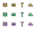 Set line Hammer, Parquet, Worker safety helmet and Roulette construction icon. Vector Royalty Free Stock Photo