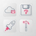Set line Hammer, Rocket ship with fire, Unknown document and Cloud mail server icon. Vector