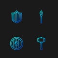 Set line Hammer, Round wooden shield, Shield and Medieval spear. Gradient color icons. Vector