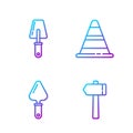Set line Hammer, Trowel, Trowel and Traffic cone. Gradient color icons. Vector