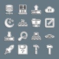 Set line Hammer, UFO flying spaceship, Open new window, Loading, Folder tree, Moon and stars, Server, Data, Web Hosting Royalty Free Stock Photo
