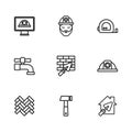 Set line Hammer, Worker safety helmet, House with trowel, Brick wall, Roulette construction, Builder and Water tap icon