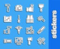 Set line Hammer and wrench, Chainsaw, Wrench spanner, Screwdriver, Graphing paper, and Safety vest icon. Vector Royalty Free Stock Photo