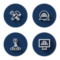 Set line Hammer and wrench spanner, Worker safety helmet, Crane hook and with long shadow. Blue circle button. Vector Royalty Free Stock Photo