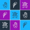 Set line Hamsa hand, Magic ball and Feather pen icon. Vector