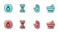 Set line Hamsa hand, Mars, Old hourglass with sand and Mortar pestle icon. Vector