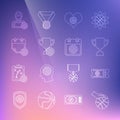 Set line Hand with basketball ball, Basketball game ticket, Award cup, Heart, on sport calendar, player and icon. Vector Royalty Free Stock Photo