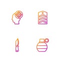Set line Hand grenade, Military knife, Target sport and Chevron. Gradient color icons. Vector