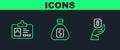 Set line Hand holding Bitcoin, Identification badge and Money bag icon. Vector Royalty Free Stock Photo