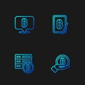 Set line Hand holding Bitcoin, Server bitcoin, and Mining from tablet. Gradient color icons. Vector Royalty Free Stock Photo