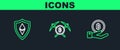 Set line Hand holding Bitcoin, Shield Ethereum ETH and Crossed pickaxe icon. Vector