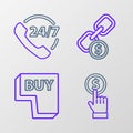 Set line Hand holding coin, Buy button, Chain link and Telephone 24 hours support icon. Vector Royalty Free Stock Photo