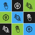 Set line Hand holding coin, Currency exchange and Coin money with Yen icon. Vector Royalty Free Stock Photo