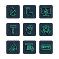 Set line Hand holding a fire, Fire burning garage, exit, Location with flame, Firefighter, axe, and Gas mask icon