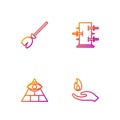 Set line Hand holding a fire, Masons, Witches broom and Trunk for magic tricks. Gradient color icons. Vector Royalty Free Stock Photo