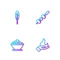 Set line Hand holding a fire, Olives bowl, Feather pen and cheese on chopstick. Gradient color icons. Vector