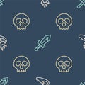 Set line Hand holding a fire, Skull and Medieval sword on seamless pattern. Vector