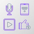 Set line Hand like, Play in square, Tablet and Microphone icon. Vector Royalty Free Stock Photo